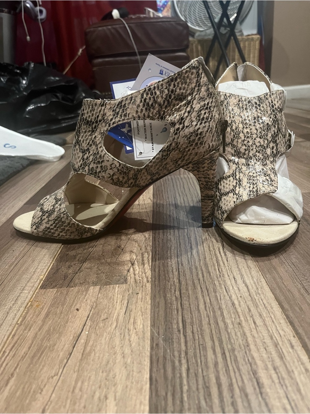 Ros Hommerson Snake-Print Cutout Heels in Beige Taupe